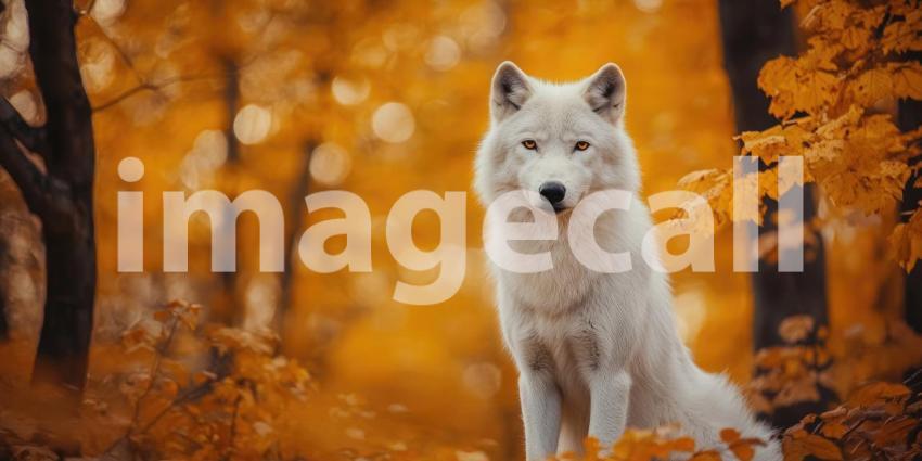 Winters Watchdog: A Majestic White Wolf Stands Vigilant Amidst a Canopy of Autumnal Gold