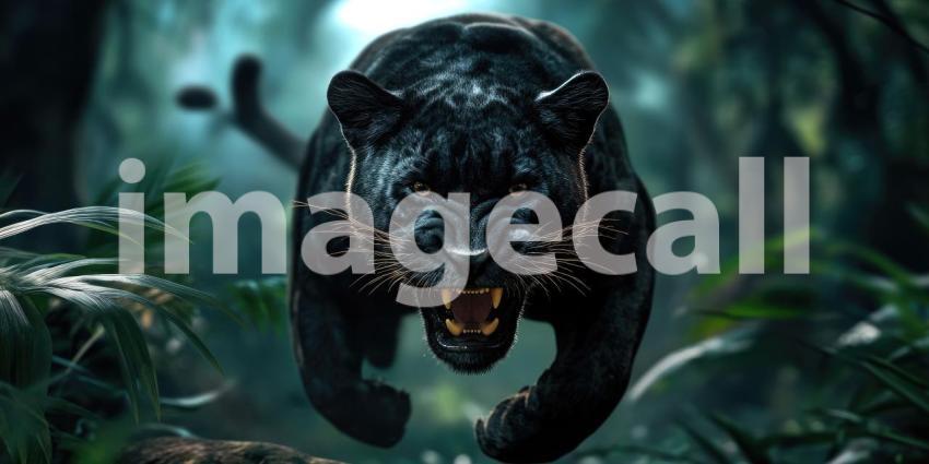 Horror Black Leopard Running in The Jungle as Angry