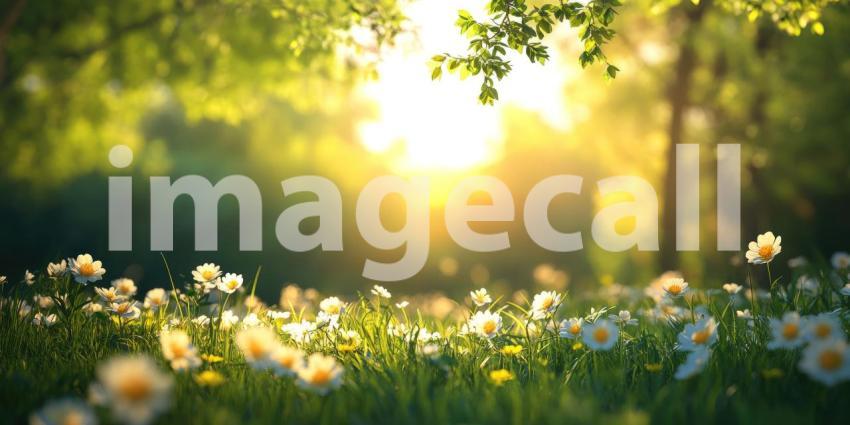 Dawns Embrace: A Field of Delicate Daisies Bathed in the Golden Light of Sunrise