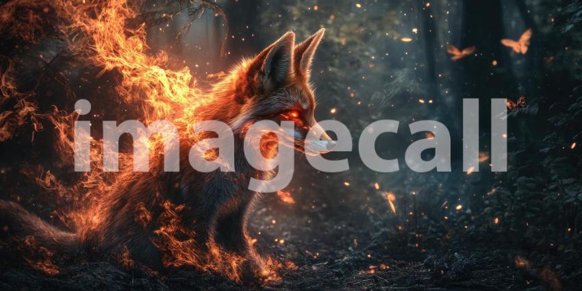 Fireheart: A Majestic Fox, Embraced by Flames, Roars in the Heart of the Forest
