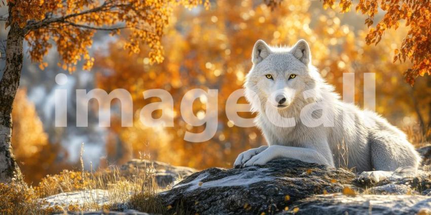 Winters Watchdog: A Majestic White Wolf Stands Vigilant Amidst a Canopy of Autumnal Gold