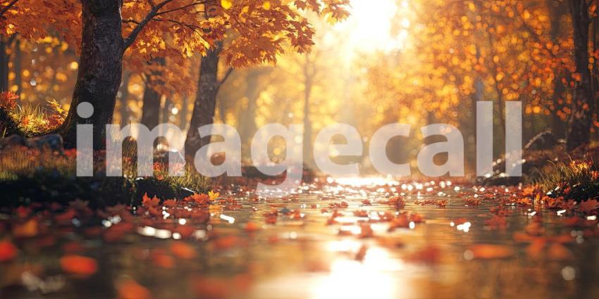Autumnal Reverie: A Golden Tree Stands Sentinel Beside a Tranquil Pond, Leaves Dancing on the Water's Surface
