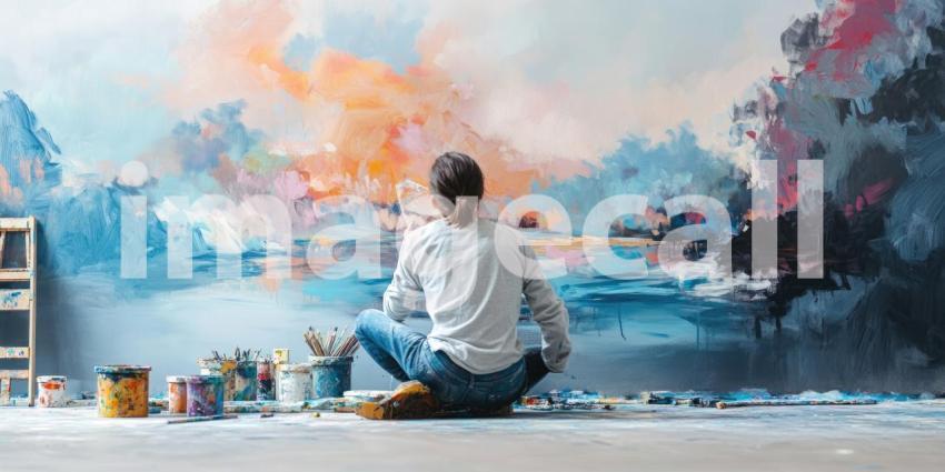 Artist at Work in Studio with Abstract Painting