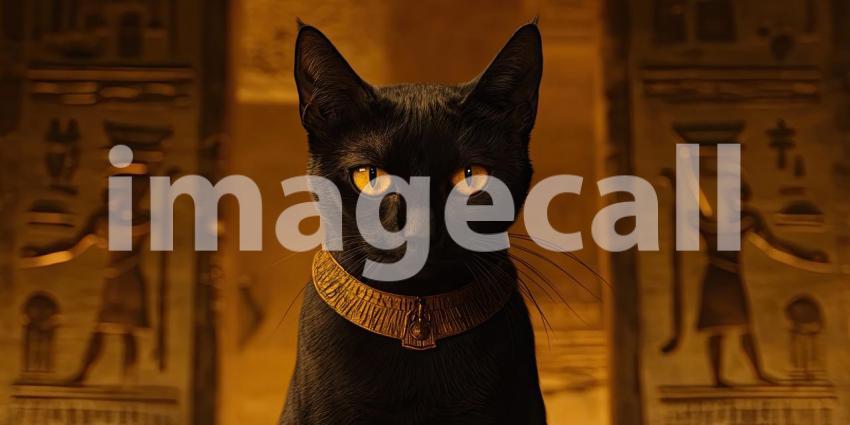 Guardian of the Nile: A Majestic Black Cat, Adorned in Gold, Watches Over the Treasures of Ancient Egypt