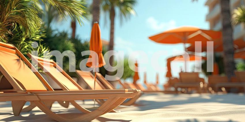 Paradise Found: A Vibrant Beach Resort Beckons Under a Sky of Cotton Candy Clouds