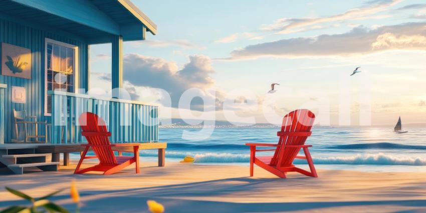 Paradise Found: A Vibrant Beach Resort Beckons Under a Sky of Cotton Candy Clouds