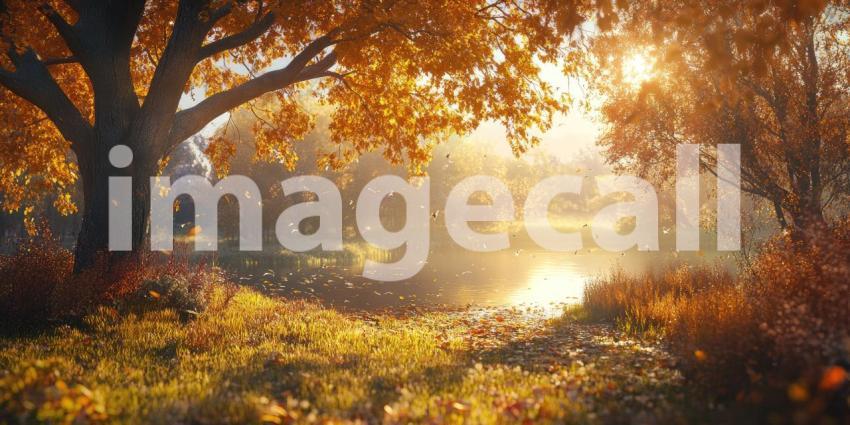 Autumnal Reverie: A Golden Tree Stands Sentinel Beside a Tranquil Pond, Leaves Dancing on the Water's Surface