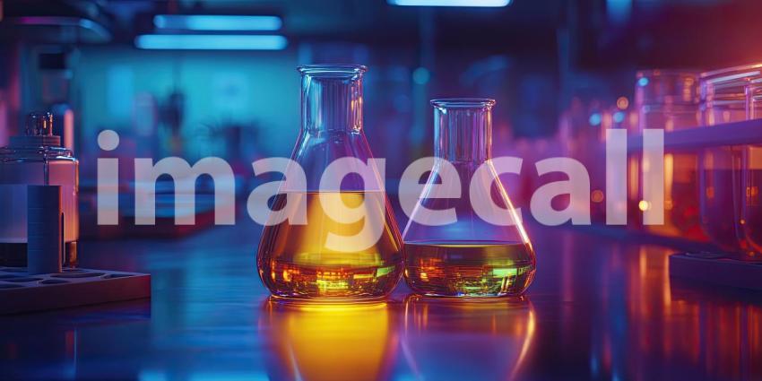 Elixir of Discovery: Conical Flasks Filled with a Golden Liquid Rest on a Laboratory Table, Glowing Under the Light of Scientific Exploration