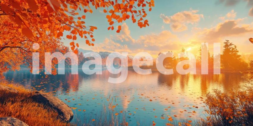 Autumnal Reverie: A Golden Tree Stands Sentinel Beside a Tranquil Pond, Leaves Dancing on the Water's Surface