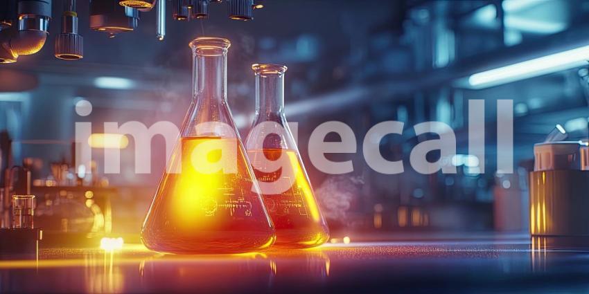 Elixir of Discovery: Conical Flasks Filled with a Golden Liquid Rest on a Laboratory Table, Glowing Under the Light of Scientific Exploration