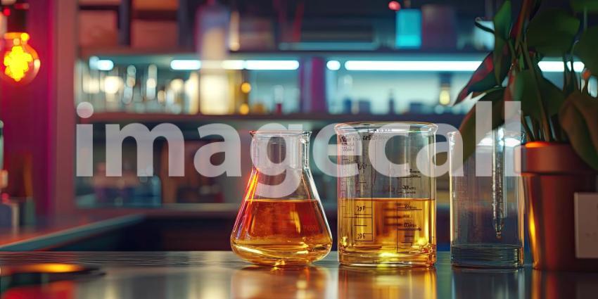 Elixir of Discovery: Conical Flasks Filled with a Golden Liquid Rest on a Laboratory Table, Glowing Under the Light of Scientific Exploration