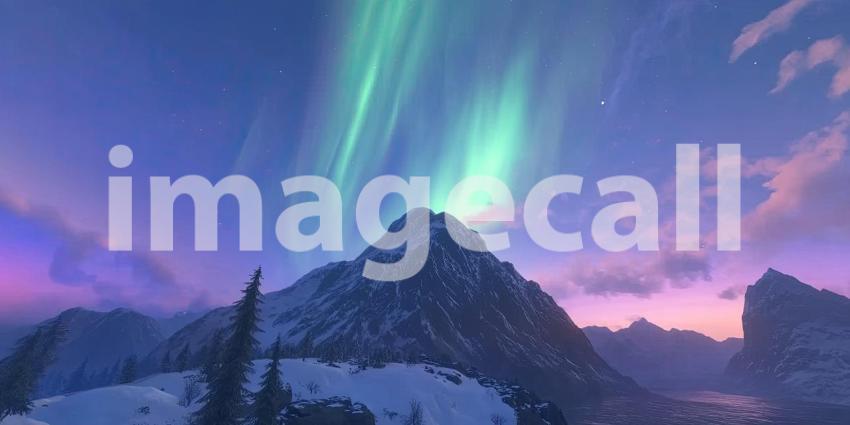 Dreamscape Horizon: A Surreal Landscape of Snow-Capped Peaks Bathed in the Glow of an Otherworldly Sunset