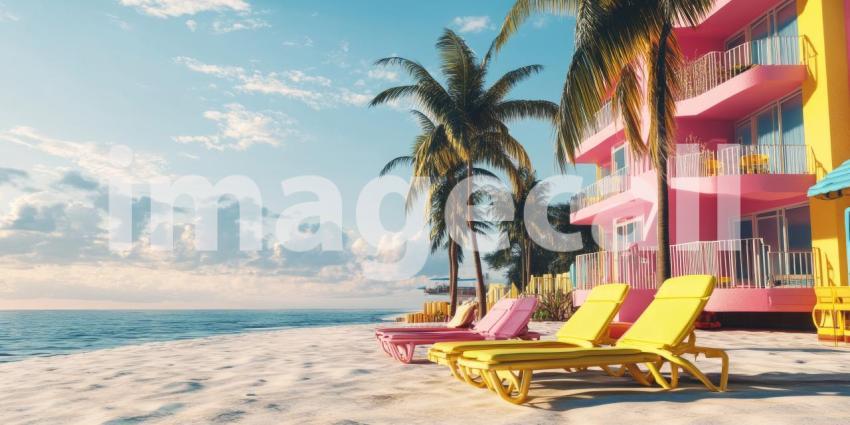 Paradise Found: A Vibrant Beach Resort Beckons Under a Sky of Cotton Candy Clouds