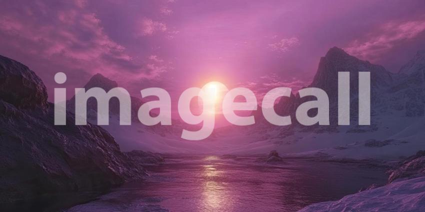 Dreamscape Horizon: A Surreal Landscape of Snow-Capped Peaks Bathed in the Glow of an Otherworldly Sunset