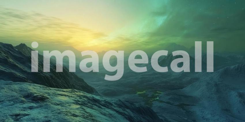 Dreamscape Horizon: A Surreal Landscape of Snow-Capped Peaks Bathed in the Glow of an Otherworldly Sunset