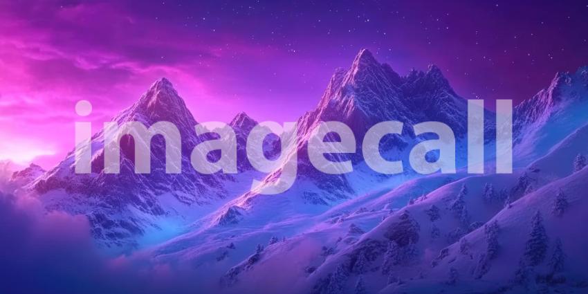 Dreamscape Horizon: A Surreal Landscape of Snow-Capped Peaks Bathed in the Glow of an Otherworldly Sunset