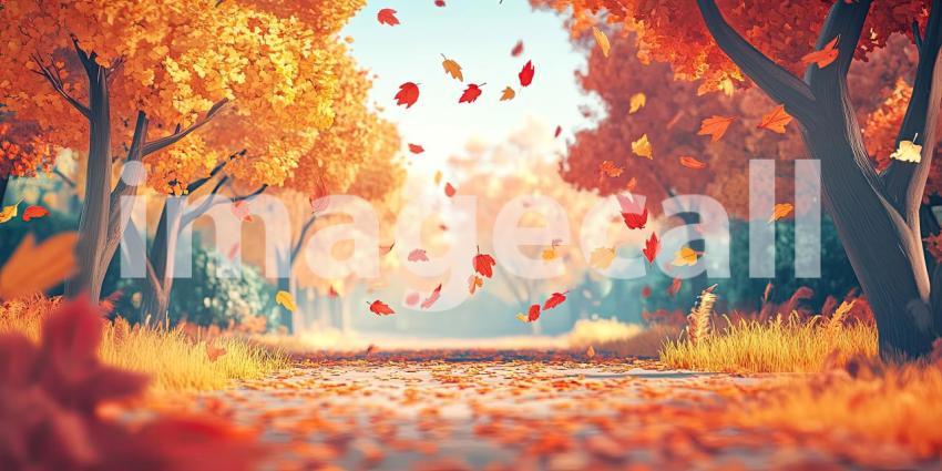 Autumnal Waltz: A Path Through a Vibrant Forest, Where Leaves Dance in the Sunlight