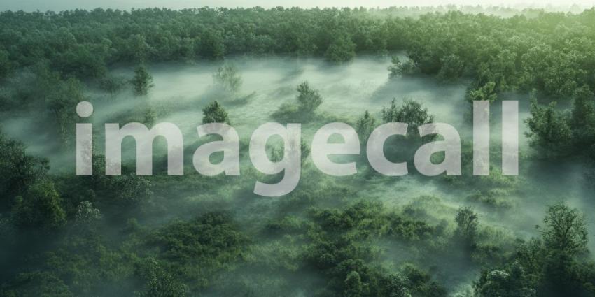 Enveloped in Mist: A Surreal Aerial View of a Fog-Shrouded Forest, Where Trees Emerge Like Islands in a Sea of Vapor