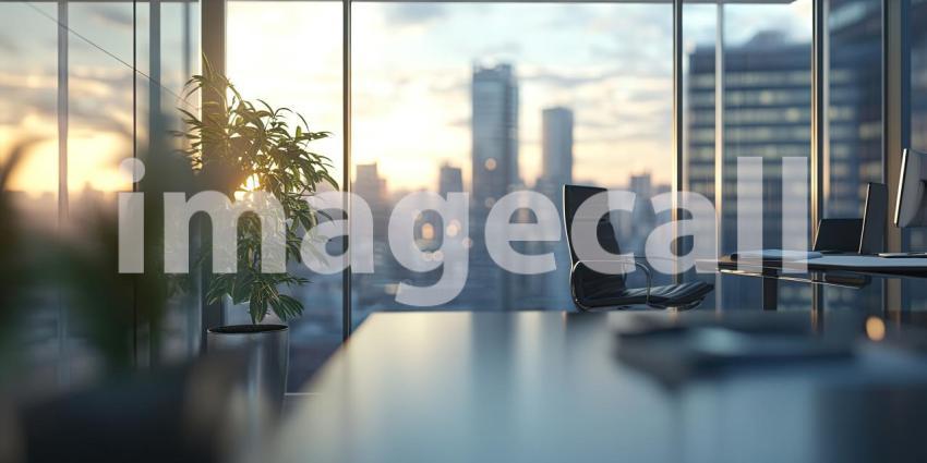 Dawns Reflection: A Modern Office Bathed in the Warm Glow of Sunrise, with a Skyline View Through Expansive Windows