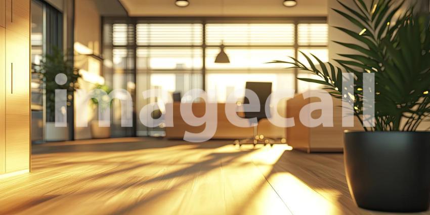 Dawns Reflection: A Modern Office Bathed in the Warm Glow of Sunrise, with a Skyline View Through Expansive Windows