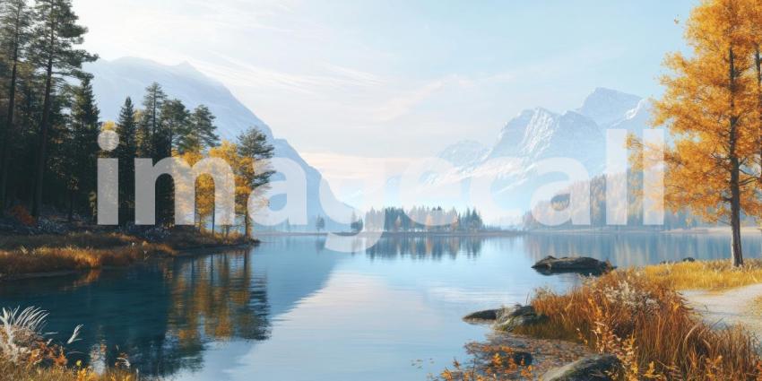 Autumnal Reflections: A Tranquil Pond Reflects the Golden Hues of Fall Foliage, Beneath a Canopy of Crimson Trees
