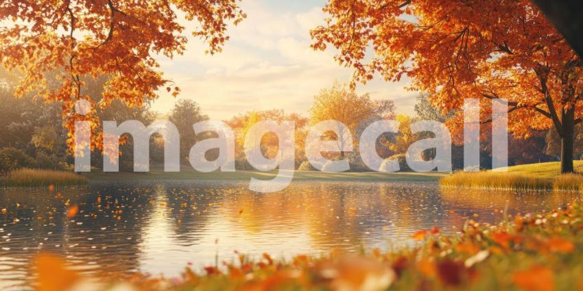 Autumnal Reflections: A Tranquil Pond Reflects the Golden Hues of Fall Foliage, Beneath a Canopy of Crimson Trees