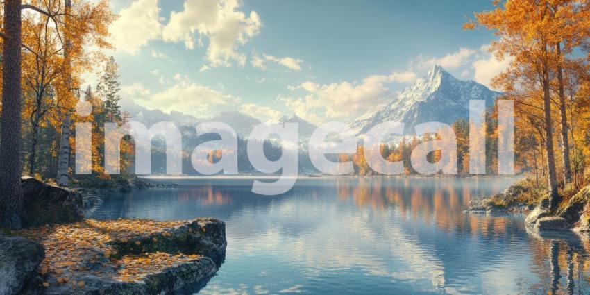 Autumnal Reflections: A Tranquil Pond Reflects the Golden Hues of Fall Foliage, Beneath a Canopy of Crimson Trees