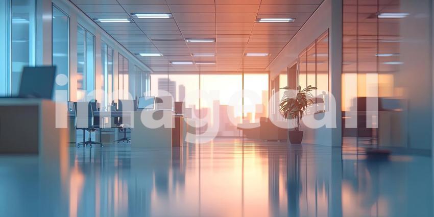 Dawns Reflection: A Modern Office Bathed in the Warm Glow of Sunrise, with a Skyline View Through Expansive Windows
