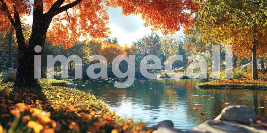 Autumnal Reflections: A Tranquil Pond Reflects the Golden Hues of Fall Foliage, Beneath a Canopy of Crimson Trees