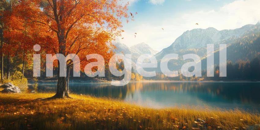 Autumnal Reflections: A Tranquil Pond Reflects the Golden Hues of Fall Foliage, Beneath a Canopy of Crimson Trees