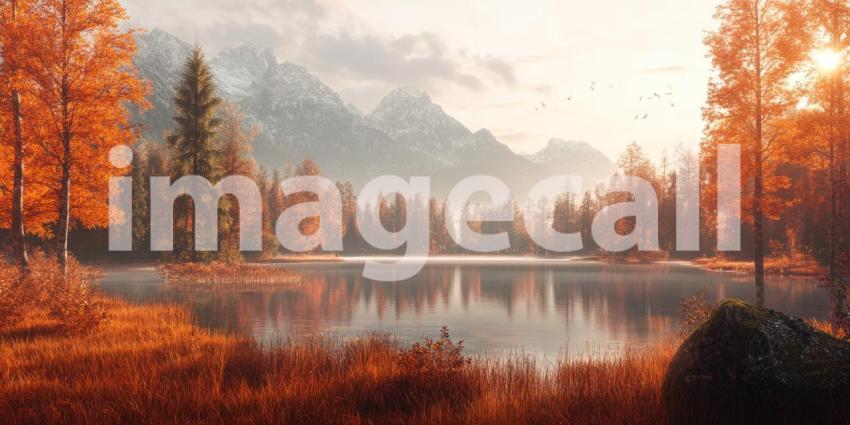 Autumnal Reflections: A Tranquil Pond Reflects the Golden Hues of Fall Foliage, Beneath a Canopy of Crimson Trees