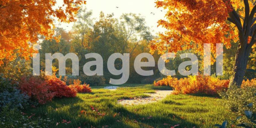 Autumnal Reflections: A Tranquil Pond Reflects the Golden Hues of Fall Foliage, Beneath a Canopy of Crimson Trees