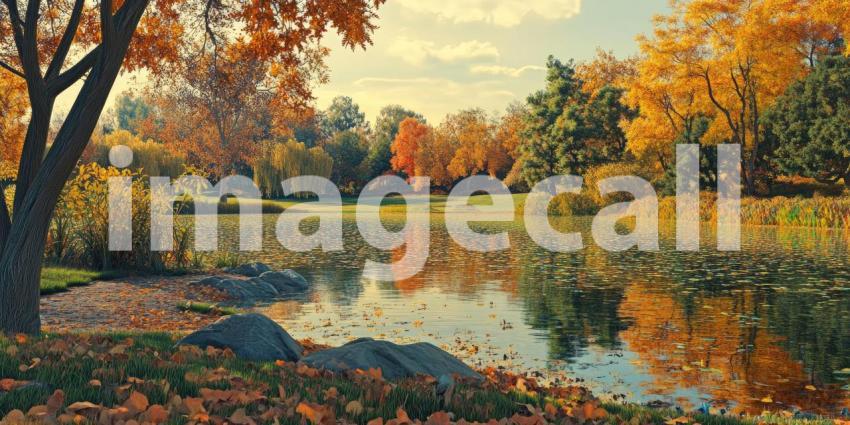 Autumnal Reflections: A Tranquil Pond Reflects the Golden Hues of Fall Foliage, Beneath a Canopy of Crimson Trees