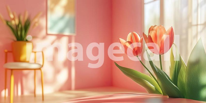 A Touch of Spring: Delicate Tulips Bathe in Sunlight Against a Soft Pink Wall in a Serene Interior