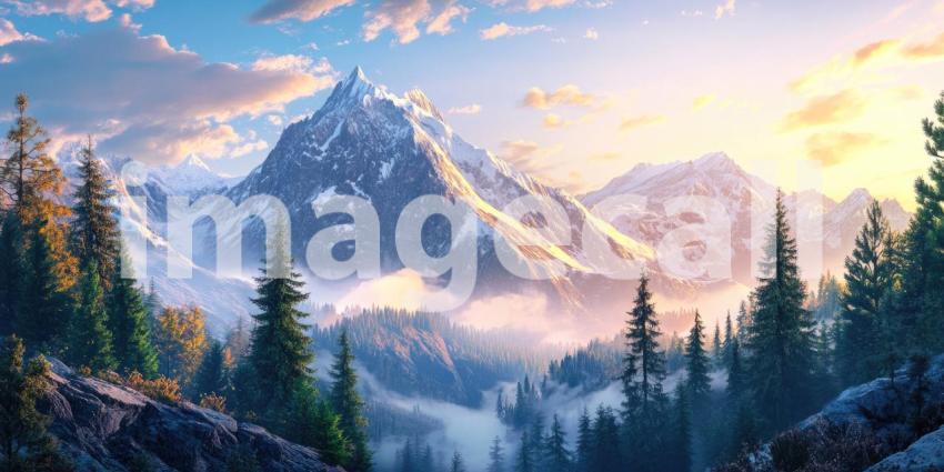 A Majestic Mountain Panorama: Where Dawn Paints the Peaks with Golden Light and Clouds Drift Through Valleys of Evergreen Trees
