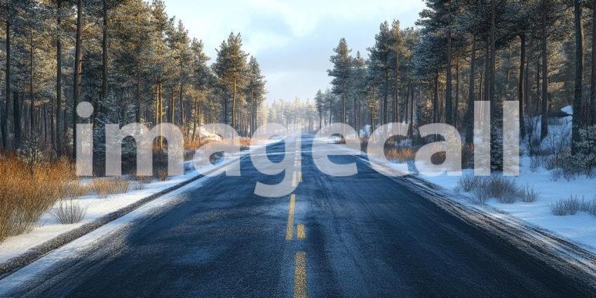 Winters Road: A Winding Path Through a Snow-Dusted Forest, Beckoning the Traveler into the Unknown