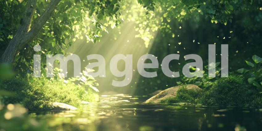 Sunlight Dappled Path: A Tranquil Stream Winds Through a Verdant Forest, Bathed in Warm Sunlight and Dotted with Dancing Butterflies