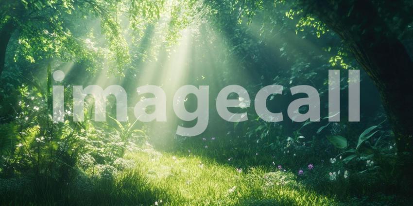 Sunlight Dappled Path: A Tranquil Stream Winds Through a Verdant Forest, Bathed in Warm Sunlight and Dotted with Dancing Butterflies