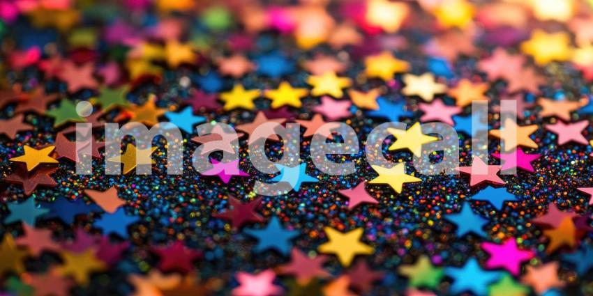 A Celestial Scatter: Multicolored Stars Gleam on a Bed of Shimmering Glitter, Evoking a Sense of Festive Joy