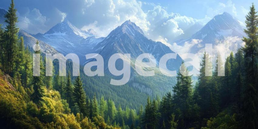 A Majestic Mountain Panorama: Where Dawn Paints the Peaks with Golden Light and Clouds Drift Through Valleys of Evergreen Trees