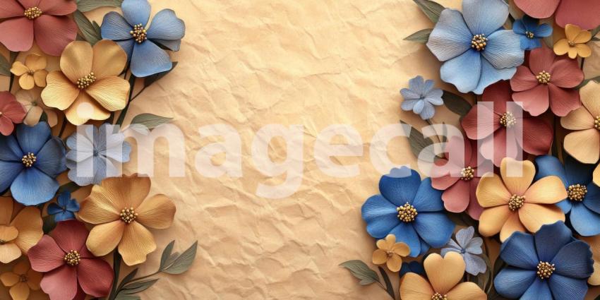A Delicate Tapestry of Blooms: Paper Flowers in Vibrant Hues Adorn a Textured Background, Evoking a Sense of Vintage Charm and Artistic Elegance