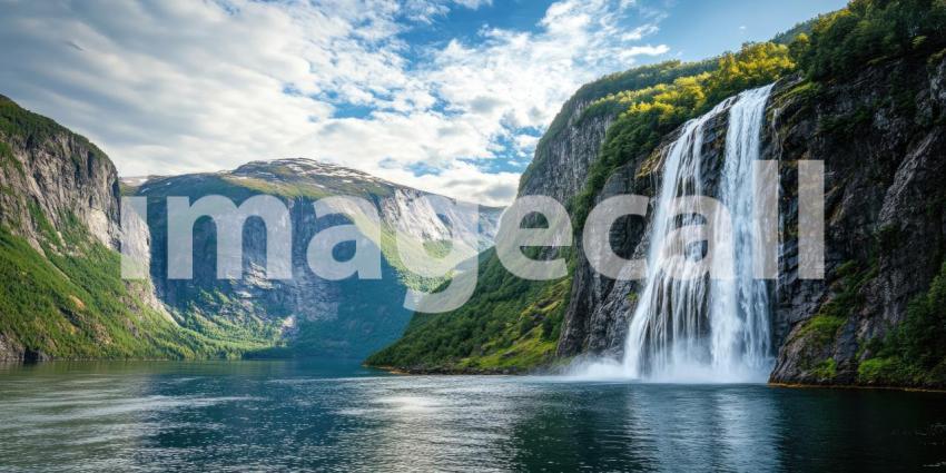 A Cascading Jewel: The Seven Sisters Waterfall Plunges Dramatically into the Fjord, Surrounded by Majestic Norwegian Mountains