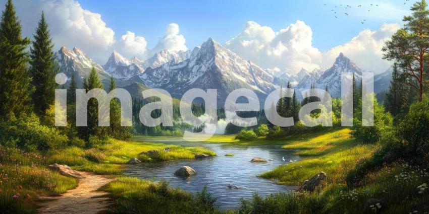 A Tranquil Mountain Retreat: A Serene Stream Winds Through a Verdant Valley, Framed by Majestic Snow-Capped Peaks and Lush Evergreen Forests