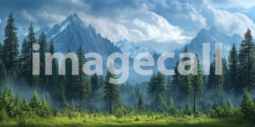 A Majestic Mountain Panorama: Where Dawn Paints the Peaks with Golden Light and Clouds Drift Through Valleys of Evergreen Trees