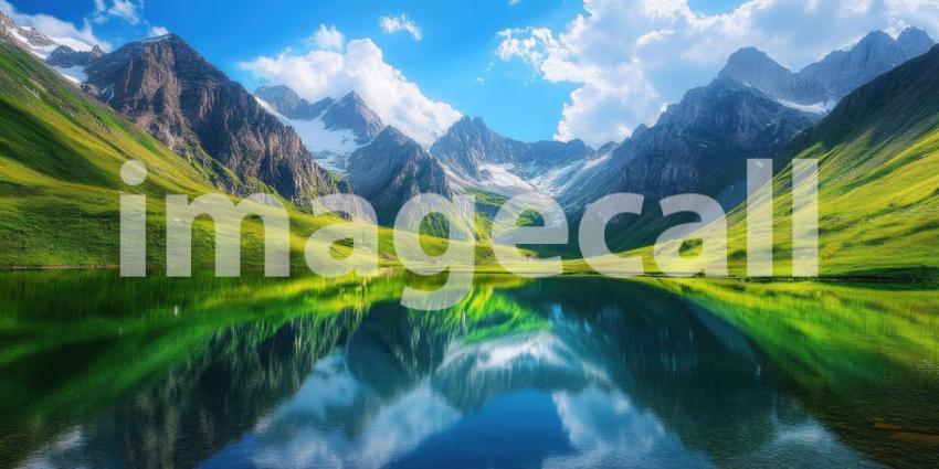 A Tranquil Mountain Retreat: A Serene Stream Winds Through a Verdant Valley, Framed by Majestic Snow-Capped Peaks and Lush Evergreen Forests