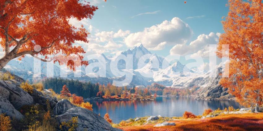 A Symphony of Autumn: Snow-capped Mountains Rise Majestically Above a Verdant Valley, Framed by a Canopy of Vibrant Orange Trees