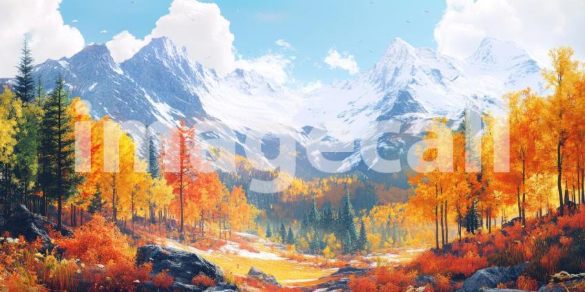 A Symphony of Autumn: Snow-capped Mountains Rise Majestically Above a Verdant Valley, Framed by a Canopy of Vibrant Orange Trees