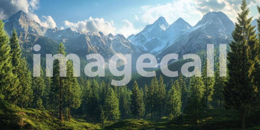 A Majestic Mountain Panorama: Where Dawn Paints the Peaks with Golden Light and Clouds Drift Through Valleys of Evergreen Trees