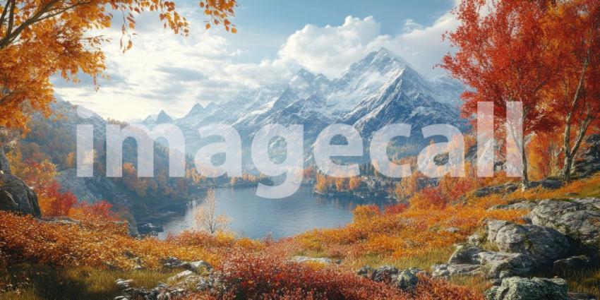 A Symphony of Autumn: Snow-capped Mountains Rise Majestically Above a Verdant Valley, Framed by a Canopy of Vibrant Orange Trees
