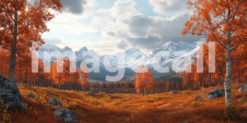 A Symphony of Autumn: Snow-capped Mountains Rise Majestically Above a Verdant Valley, Framed by a Canopy of Vibrant Orange Trees